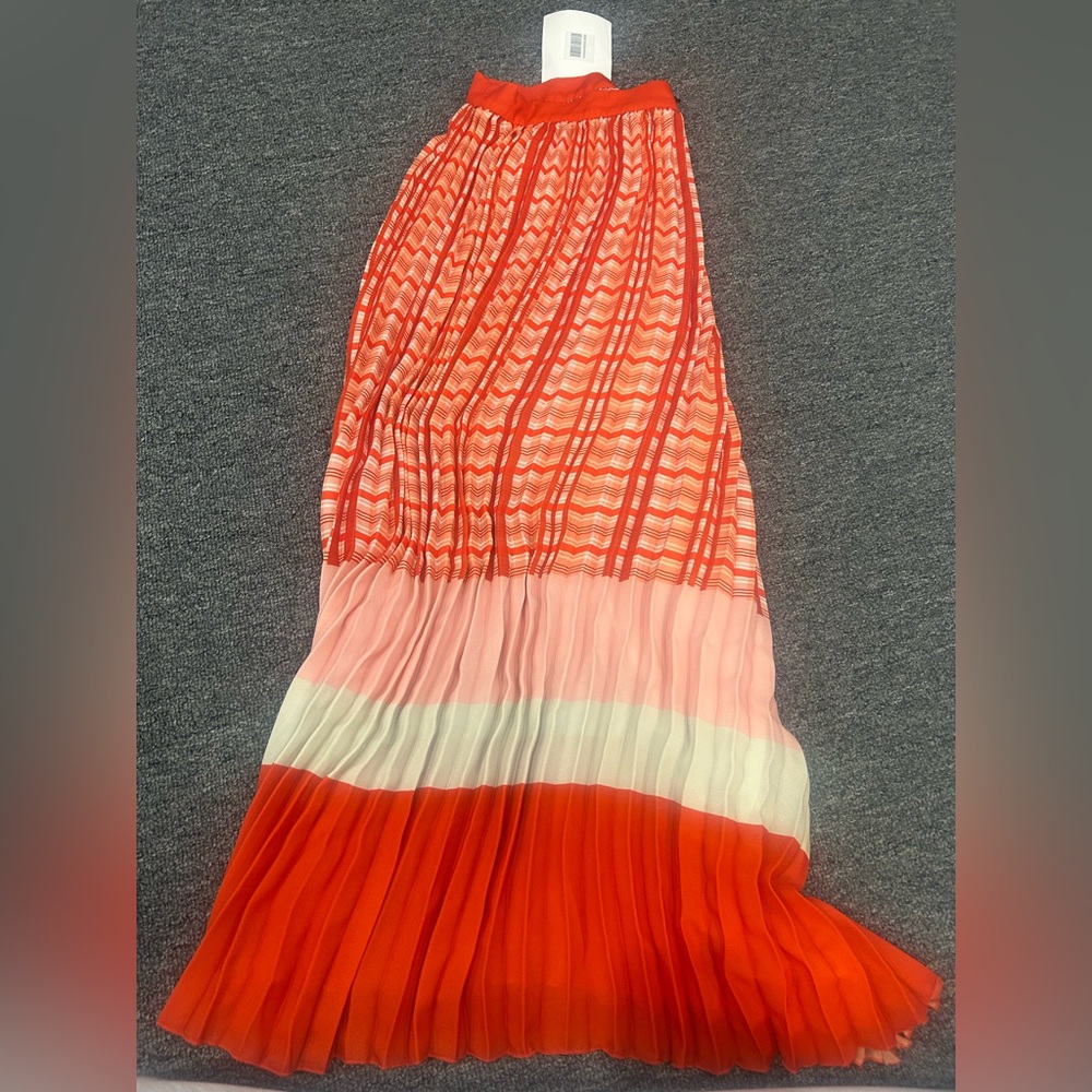 iris and ink Elegant Pleated Red and Pink midi Skirt